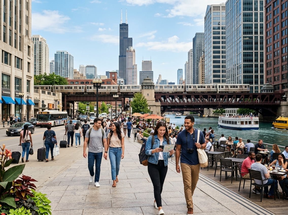 People enjoying a busy Chicago street with restaurants, hotels, and public transportation including buses and a train, with city buildings and the Chicago River in the background.