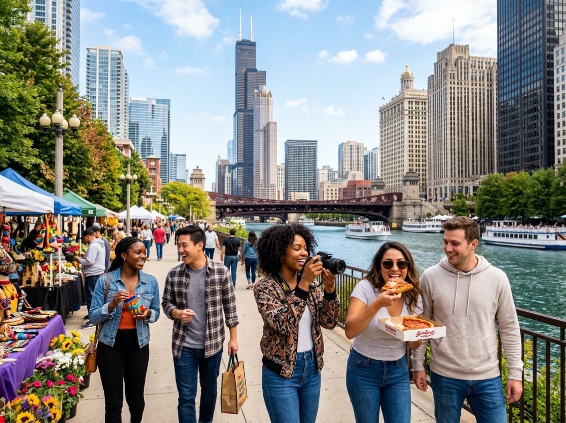 A group of friends enjoying a sunny day in Chicago with the Willis Tower and Chicago River in the background, engaging in sightseeing, eating pizza, and browsing a street market.
