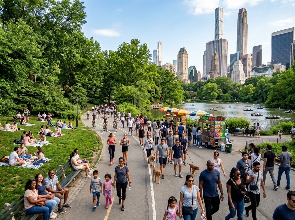 People enjoying a sunny weekend in a busy New York City park with skyscrapers in the background.