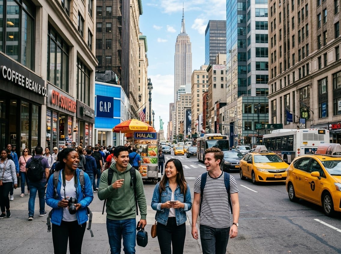 People exploring a busy New York City street with landmarks and yellow taxis in the background.