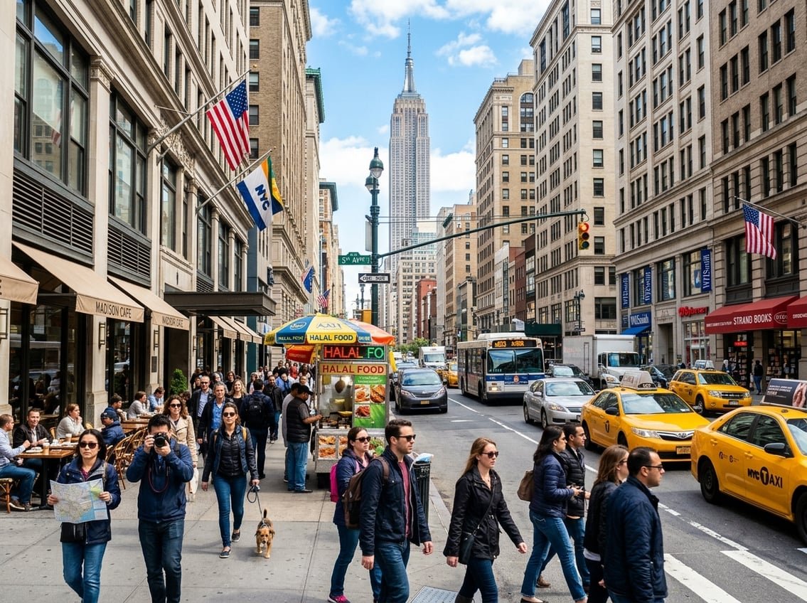 Busy New York City street with yellow taxis, people walking, and city skyline in the background on a sunny day.