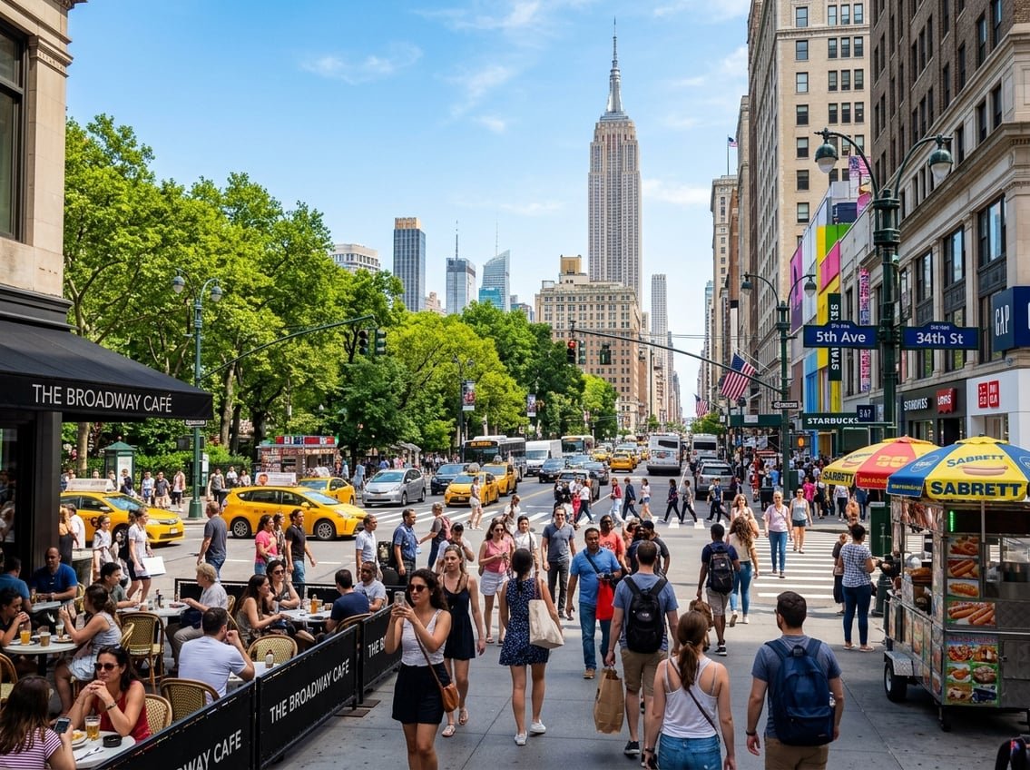 A busy New York City street with people walking, yellow taxis, tall buildings, and outdoor cafes on a sunny day.
