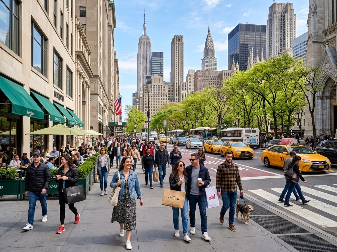 Busy New York City street with people walking, yellow taxis, and skyscrapers in the background on a bright day.