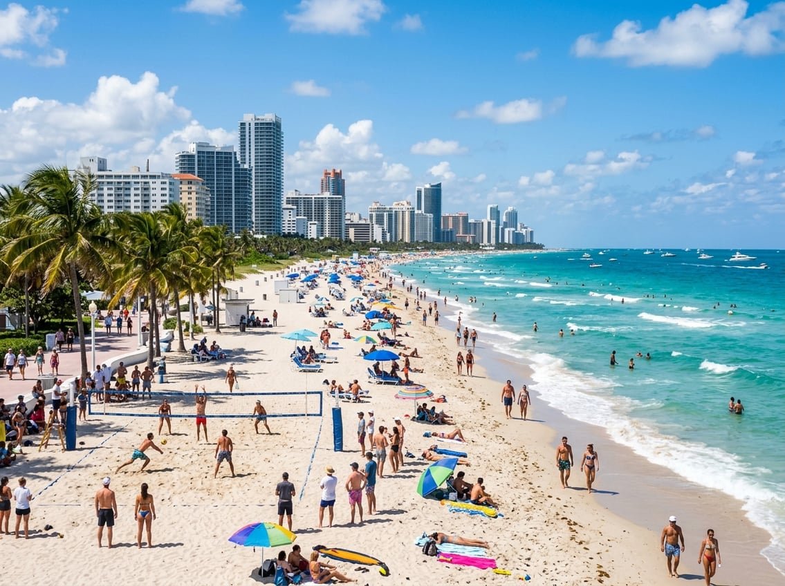 A sunny Miami beach with people enjoying the sand and ocean, palm trees, and city skyline in the background.