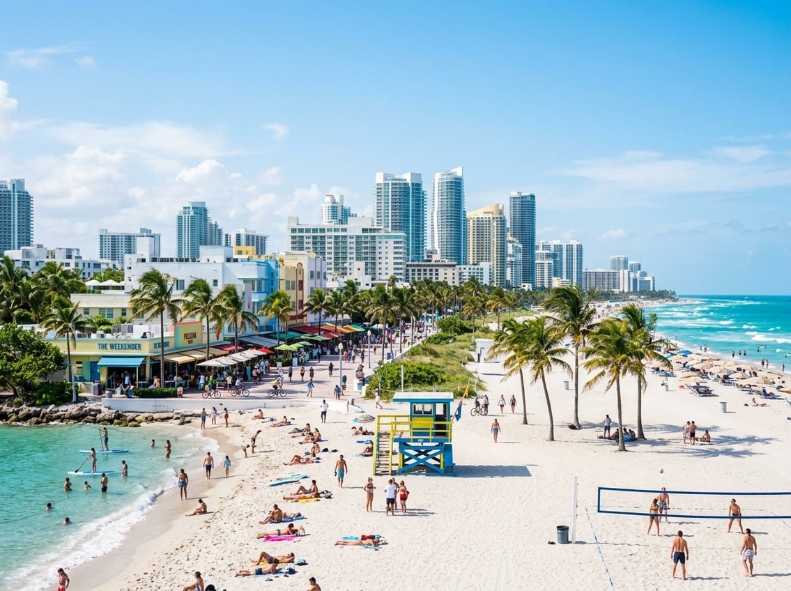 A sunny Miami beach with palm trees, people enjoying outdoor activities, and a city skyline in the background.