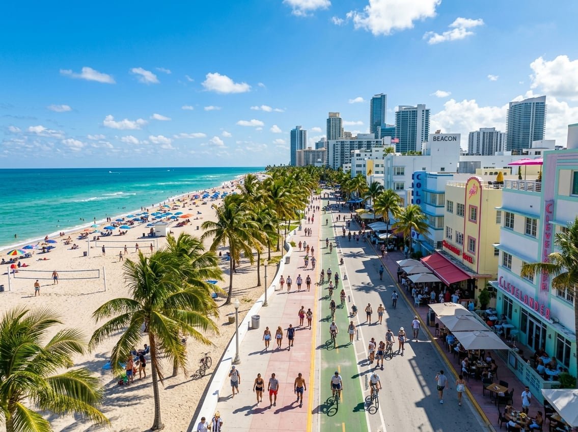 Sunny beachside scene in Miami with palm trees, people walking along a promenade, and colorful buildings in the background.
