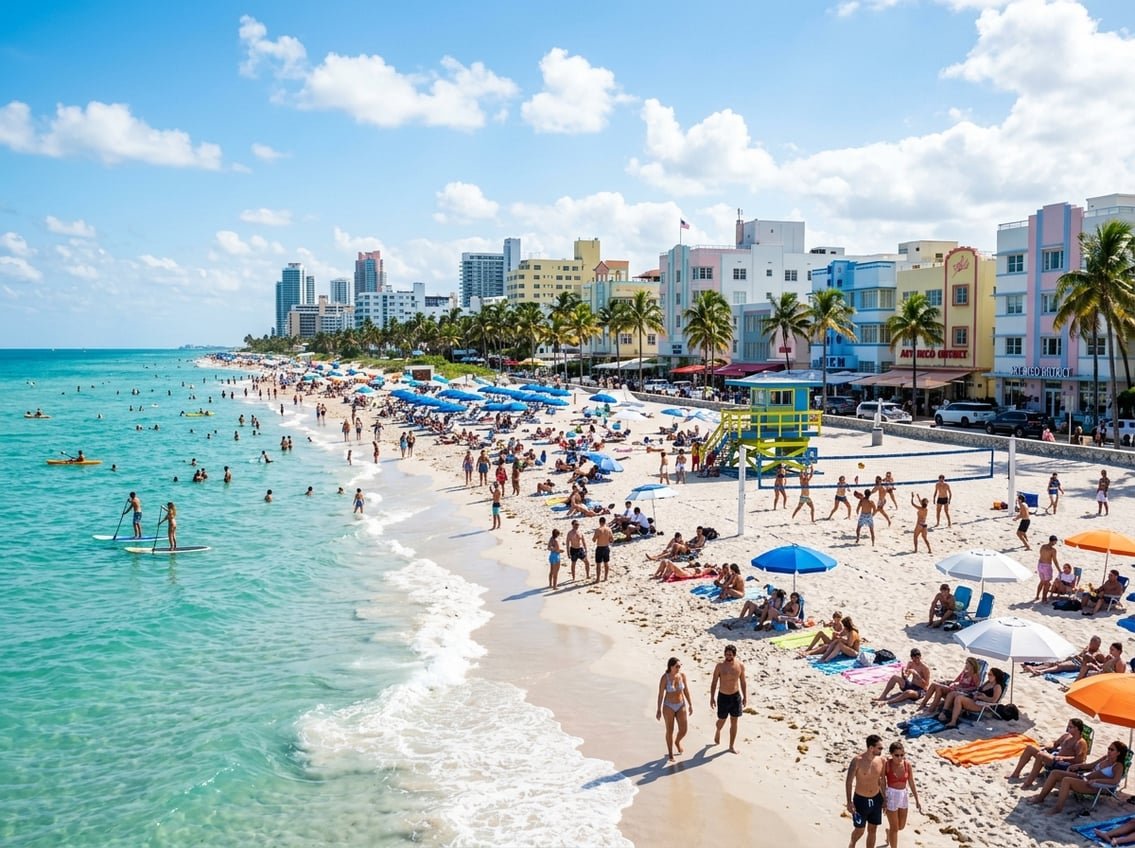 Sunny Miami beach with people enjoying the sand, water activities, and colorful Art Deco buildings in the background.