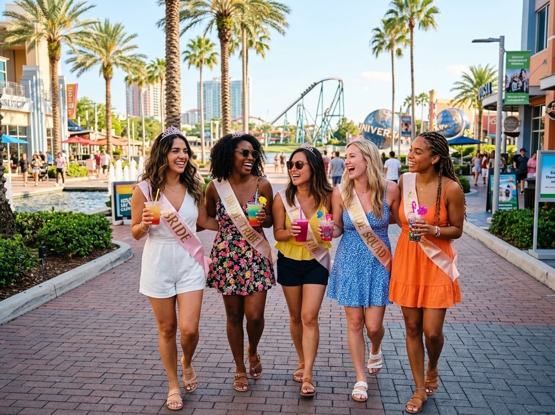 A group of five young women celebrating a bachelorette weekend outdoors in Orlando, smiling and holding drinks with palm trees and city buildings in the background.