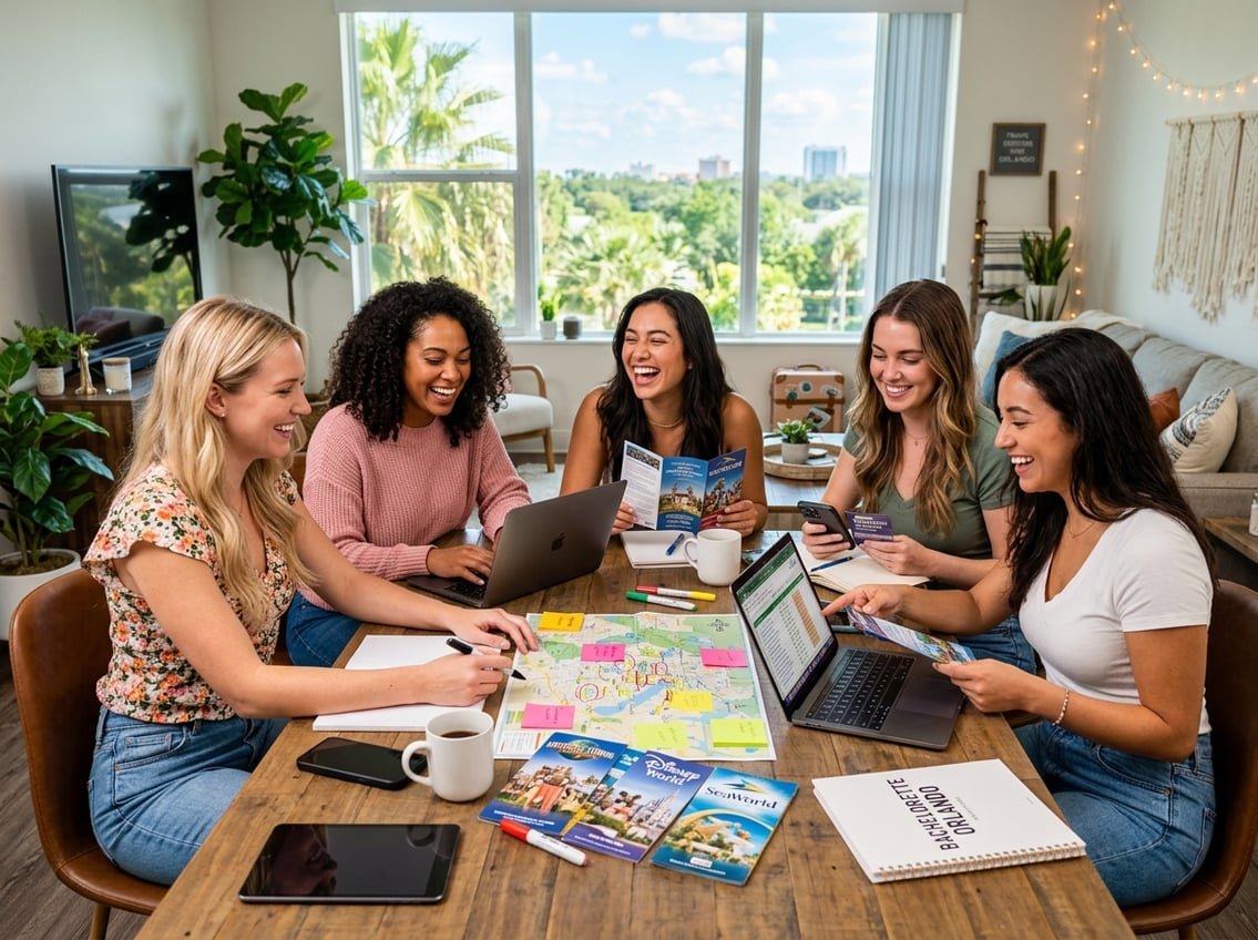 A group of young women sitting around a table with maps and laptops, planning a weekend trip together.