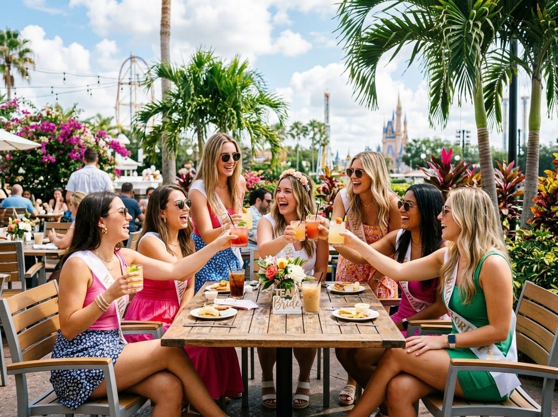 A group of young women enjoying drinks together outdoors on a sunny day with palm trees and amusement park rides in the background.