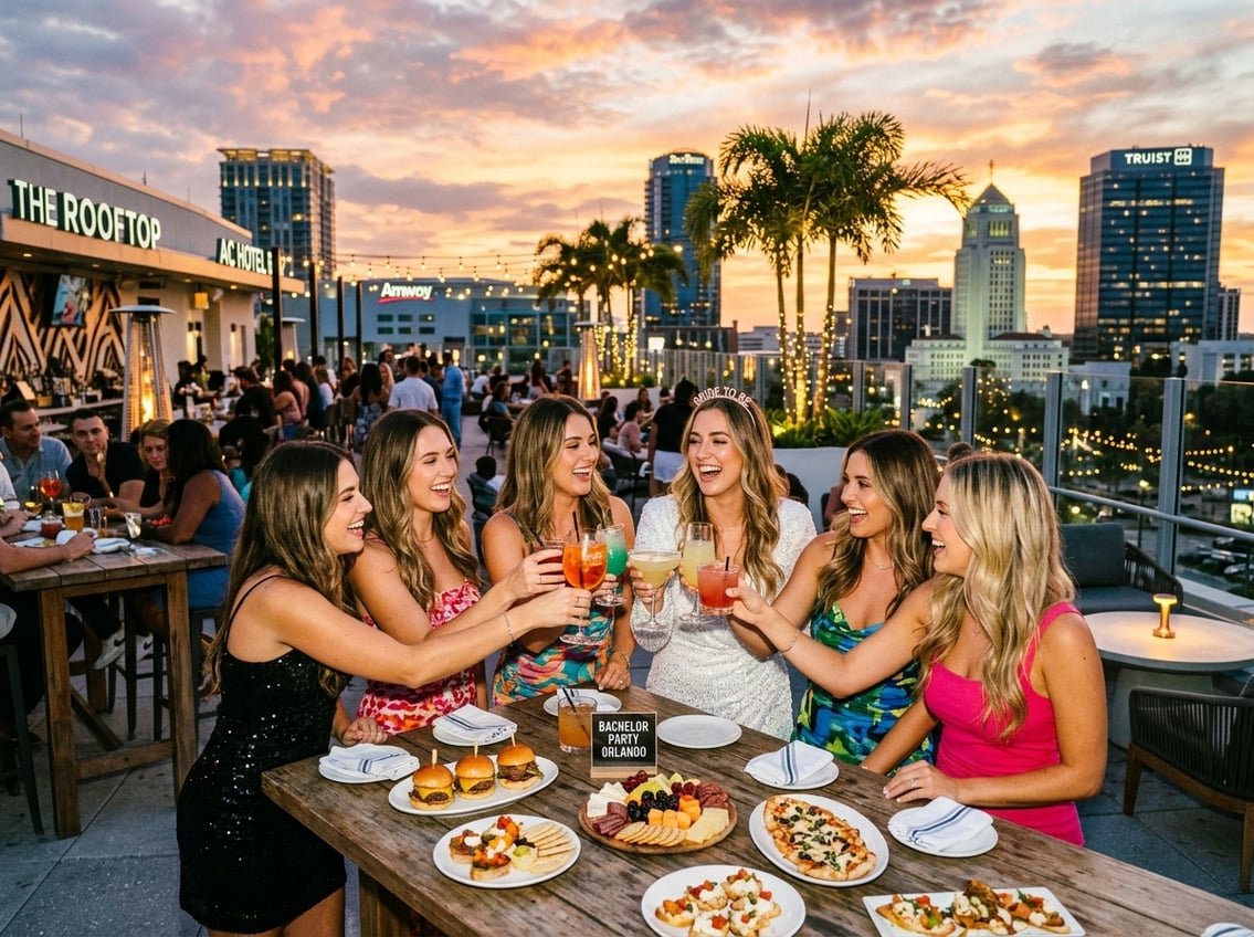 A group of women celebrating a bachelorette weekend on a rooftop bar in Orlando, enjoying drinks and food with the city skyline behind them.