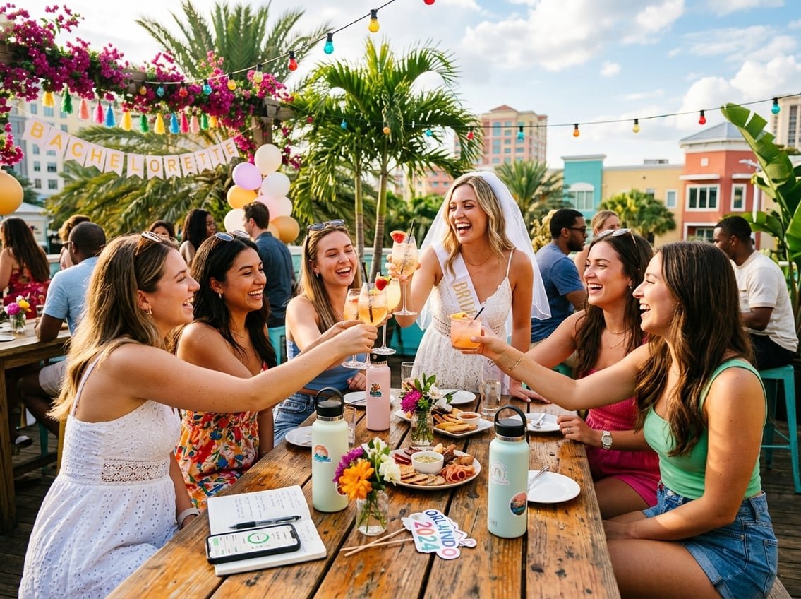 A group of young women celebrating a bachelorette weekend outdoors, smiling and toasting drinks under palm trees.