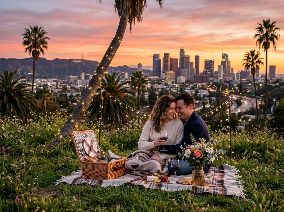 A couple having a romantic picnic on a hill overlooking the Los Angeles skyline at sunset.