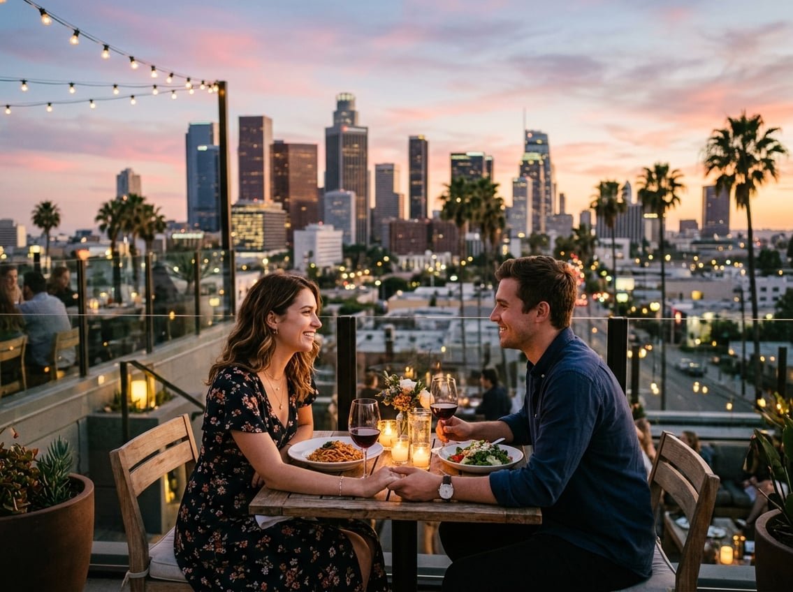 A couple having a romantic dinner on a rooftop overlooking the Los Angeles skyline at sunset.