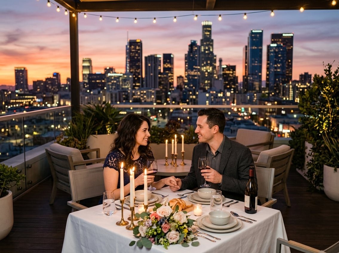 A couple enjoying a romantic dinner on a rooftop overlooking the Los Angeles skyline at sunset.