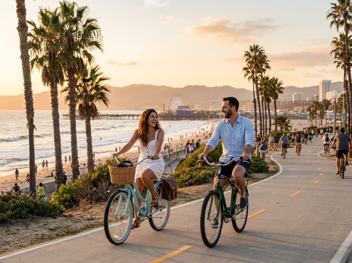 A couple enjoying a scenic outdoor activity together in Los Angeles during sunset, surrounded by palm trees and city views.