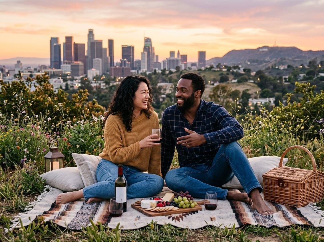 A couple enjoying a sunset picnic with the Los Angeles skyline in the background.