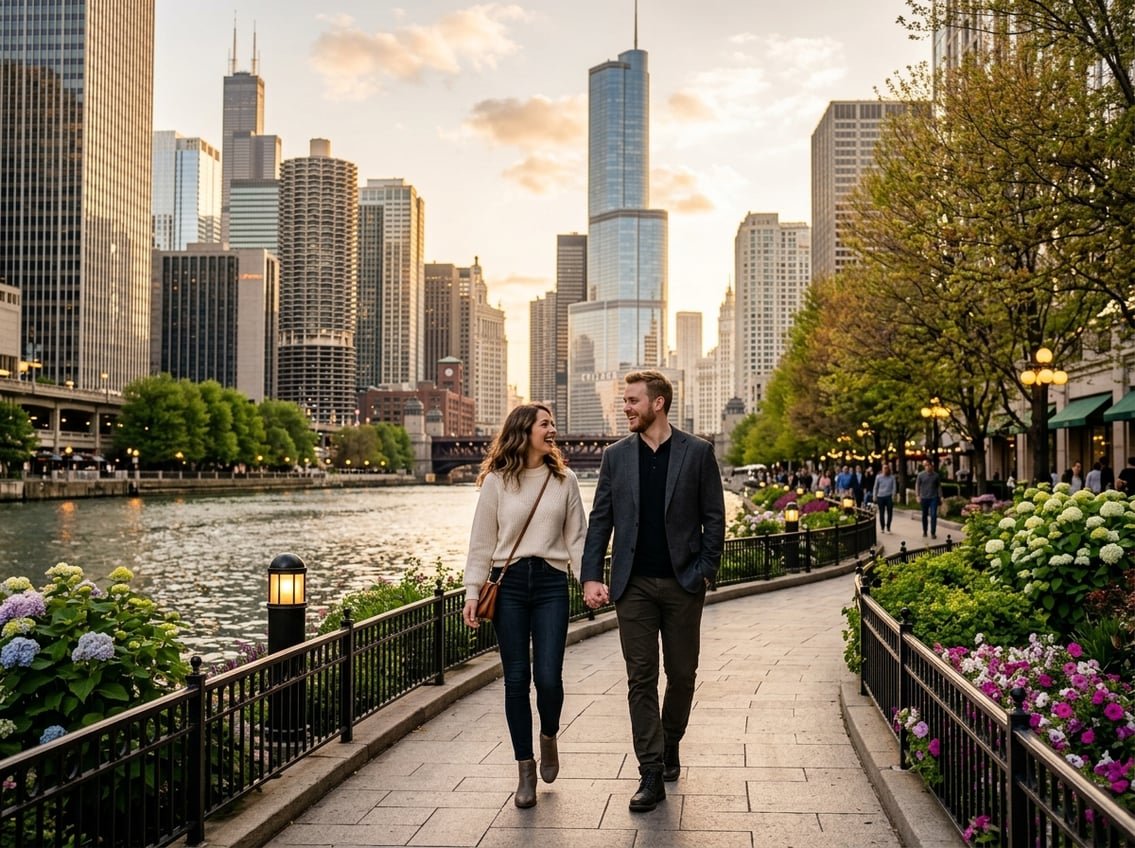 A young couple walking hand-in-hand along the Chicago Riverwalk with the city skyline in the background during sunset.