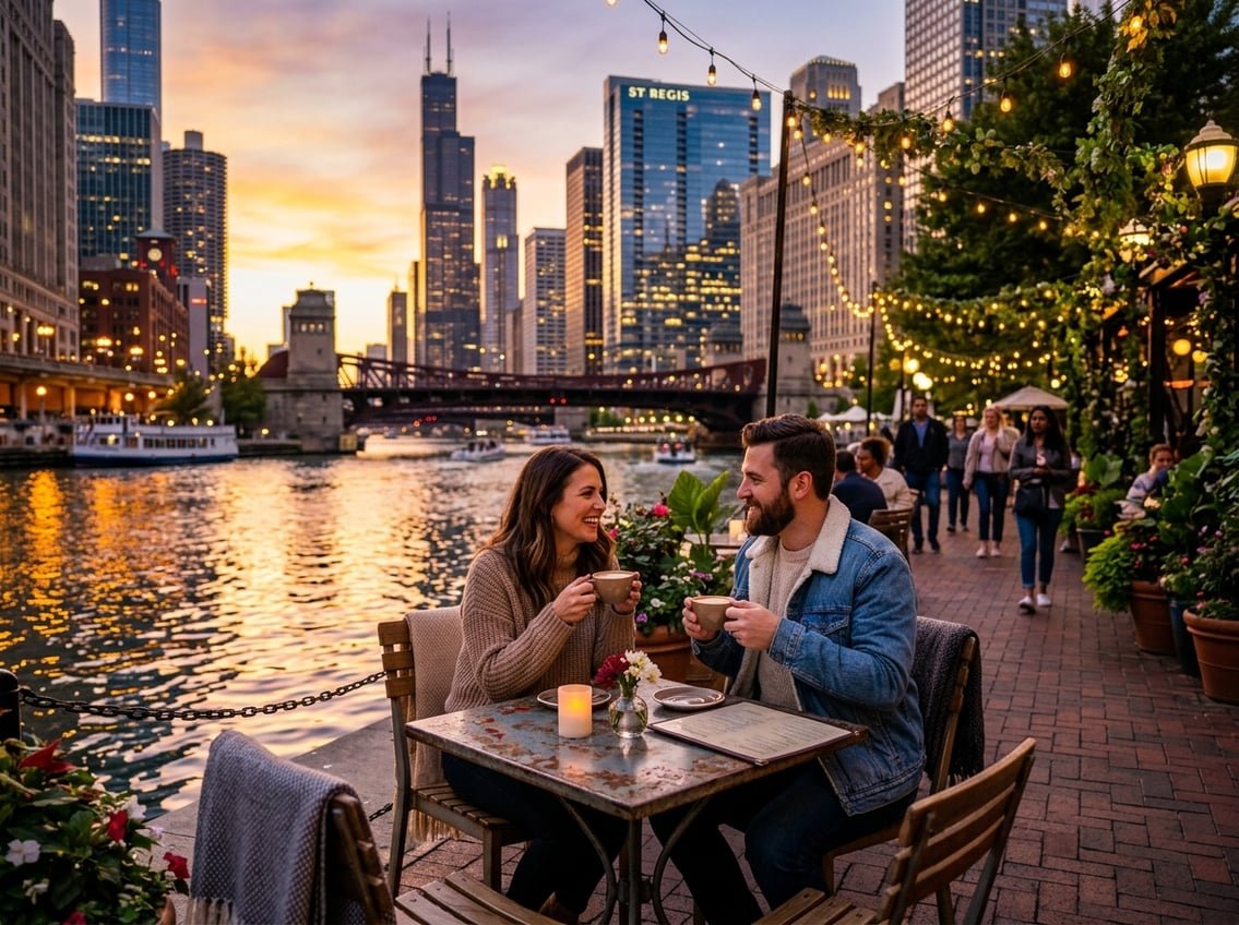A young couple sitting at an outdoor café by the Chicago Riverwalk during sunset with the city skyline in the background.