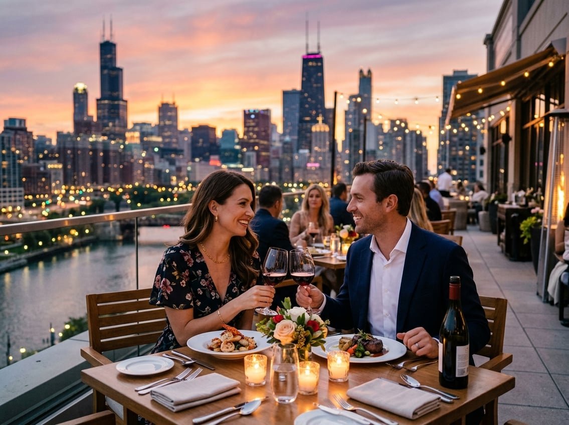 A couple enjoying a romantic dinner at a rooftop restaurant with a view of the Chicago skyline at sunset.