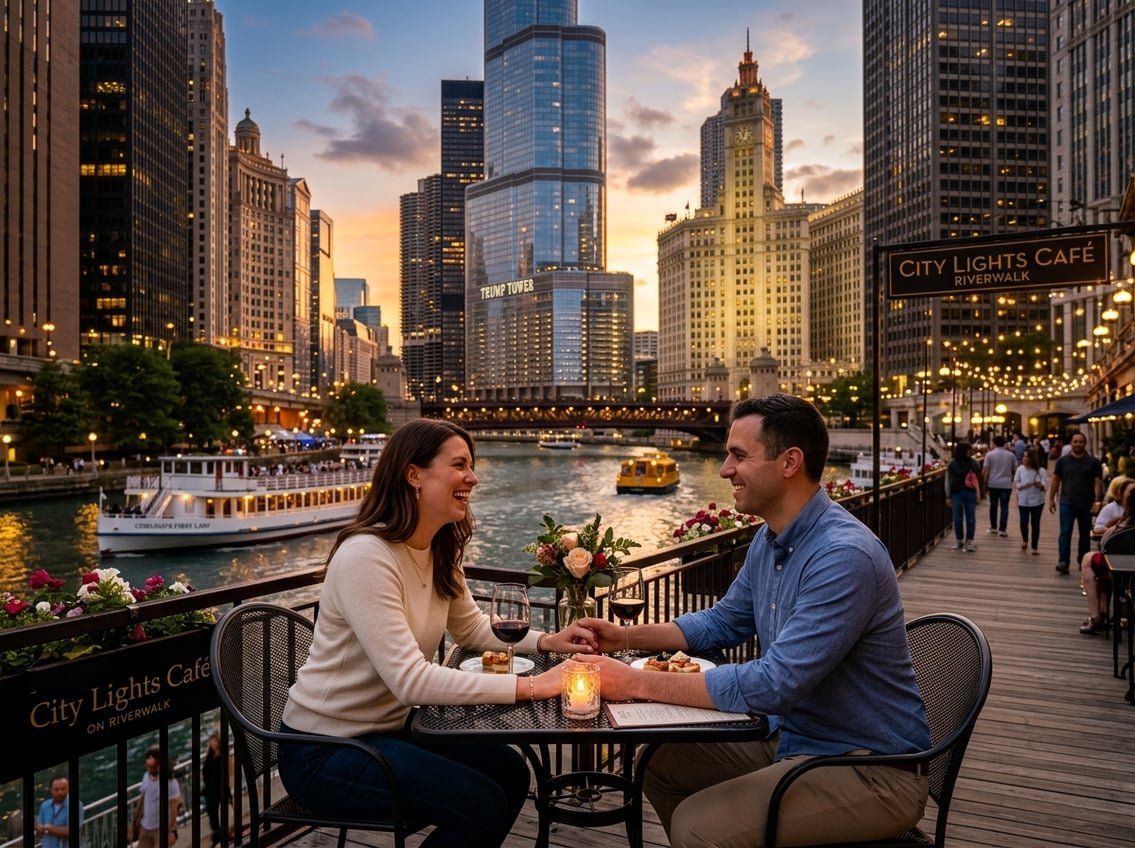 A couple sitting at an outdoor café by the Chicago Riverwalk at sunset, holding hands with city skyscrapers in the background.