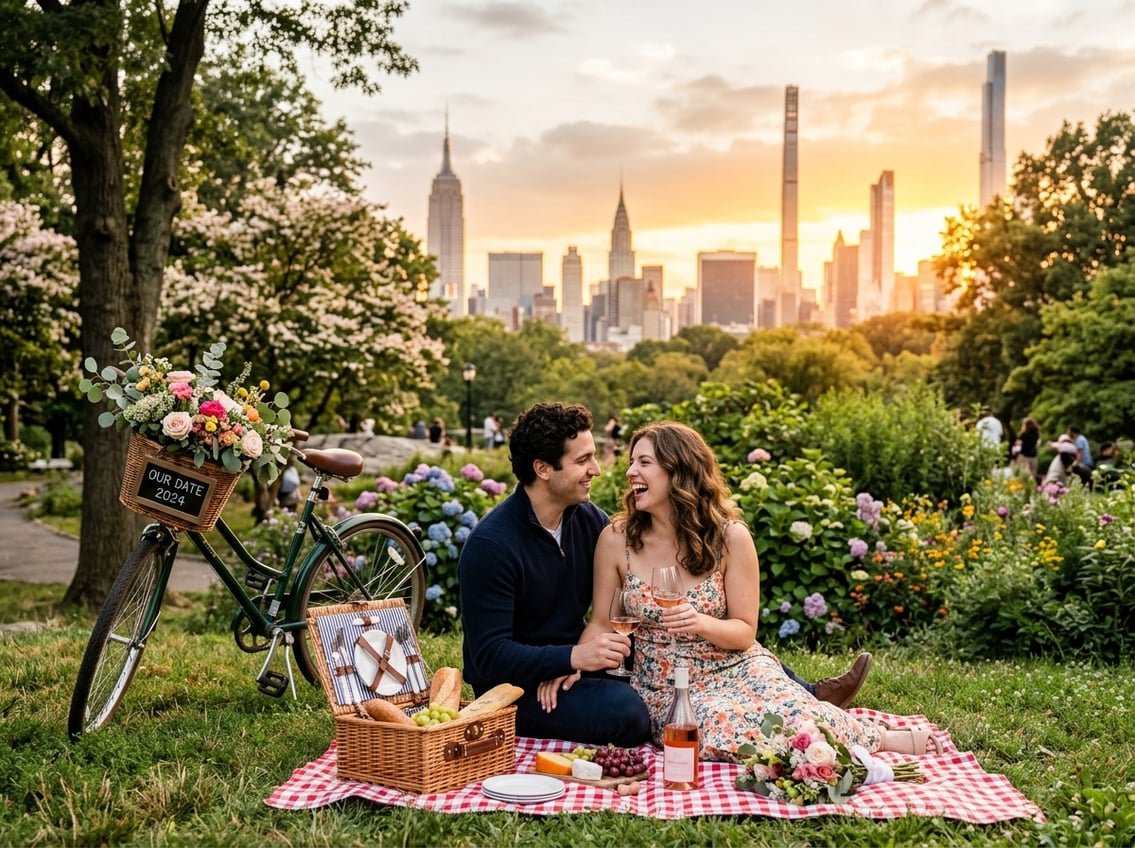 A couple having a picnic in Central Park with the New York City skyline at sunset in the background.