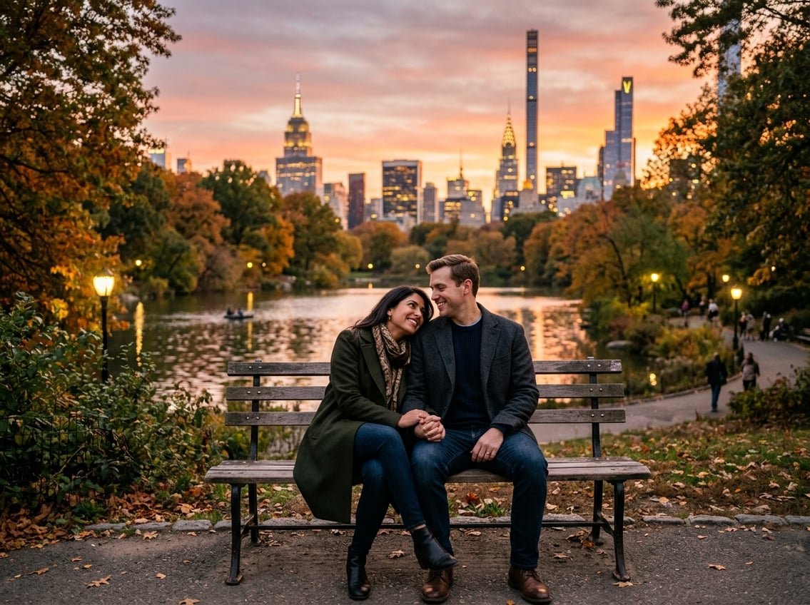 A couple sitting together on a bench in Central Park with the New York City skyline in the background at sunset.