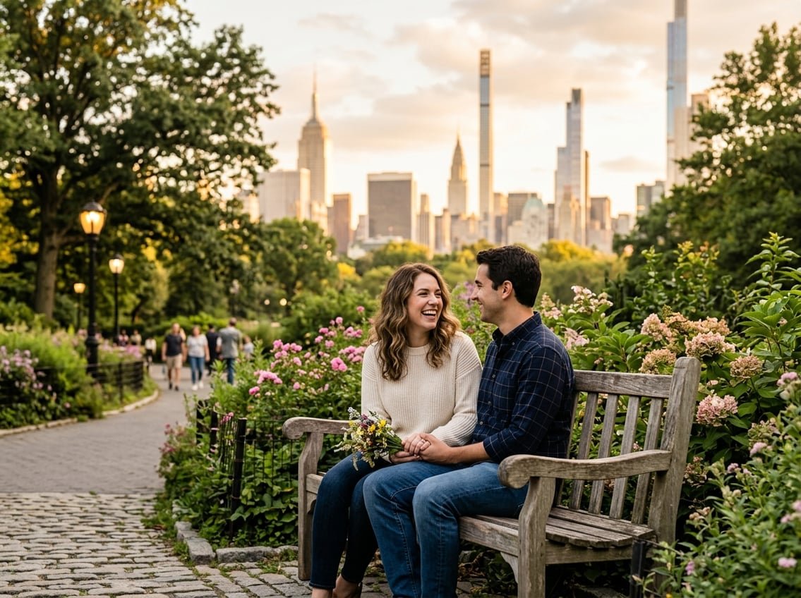 A couple sitting on a bench in a green park with city skyscrapers in the background, holding hands and smiling.