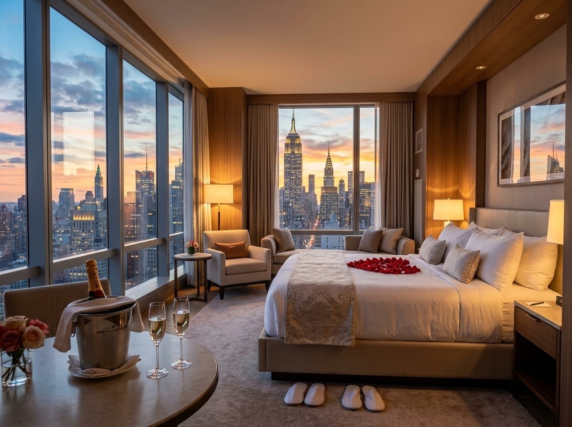 A luxurious hotel room with a king-sized bed and large windows showing the New York City skyline at sunset.