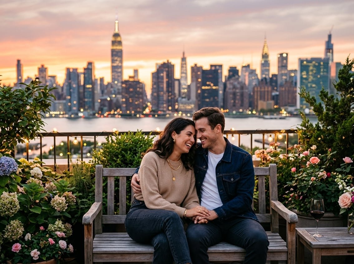 A couple sharing a romantic moment overlooking the New York City skyline at sunset.