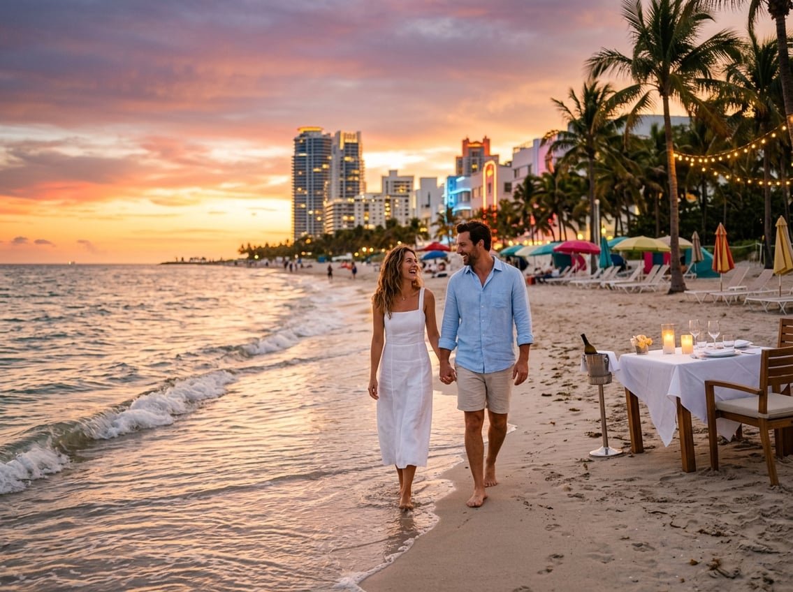 A couple holding hands walking on a Miami beach at sunset with palm trees, the city skyline, and a candlelit table nearby.