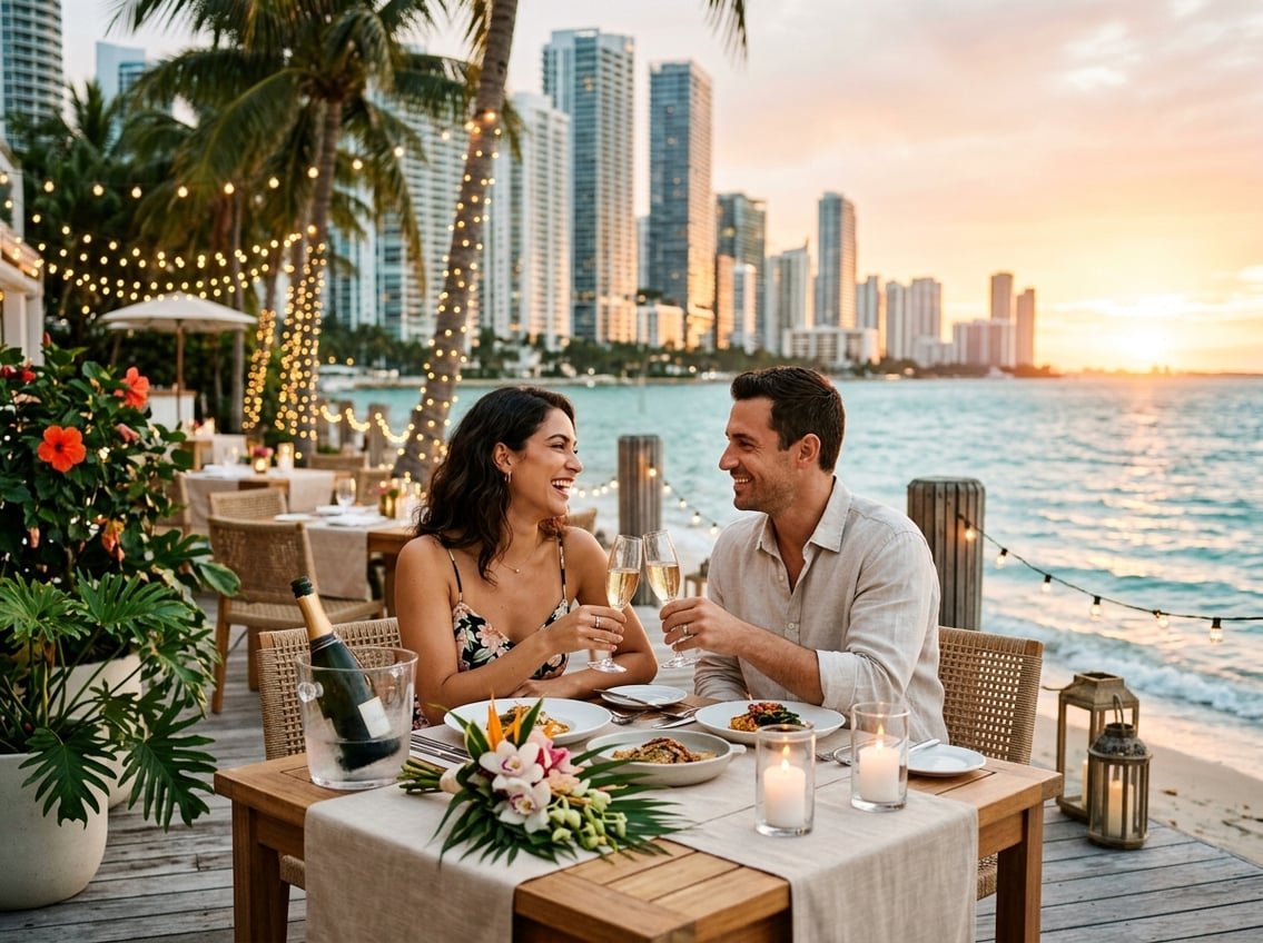 A couple enjoying a romantic outdoor dinner on a beachside terrace in Miami with the city skyline and ocean in the background during sunset.
