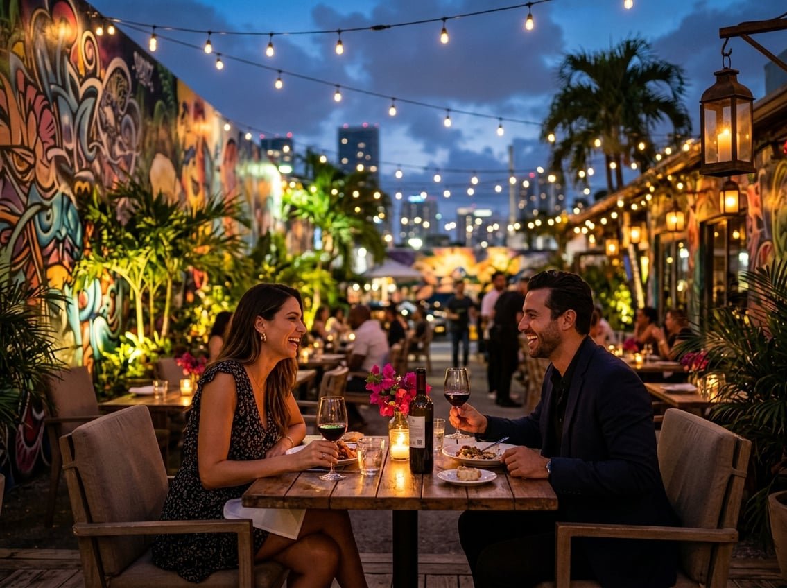 A couple enjoying a romantic dinner outdoors at night in a colorful Miami neighborhood with warm lights and tropical surroundings.