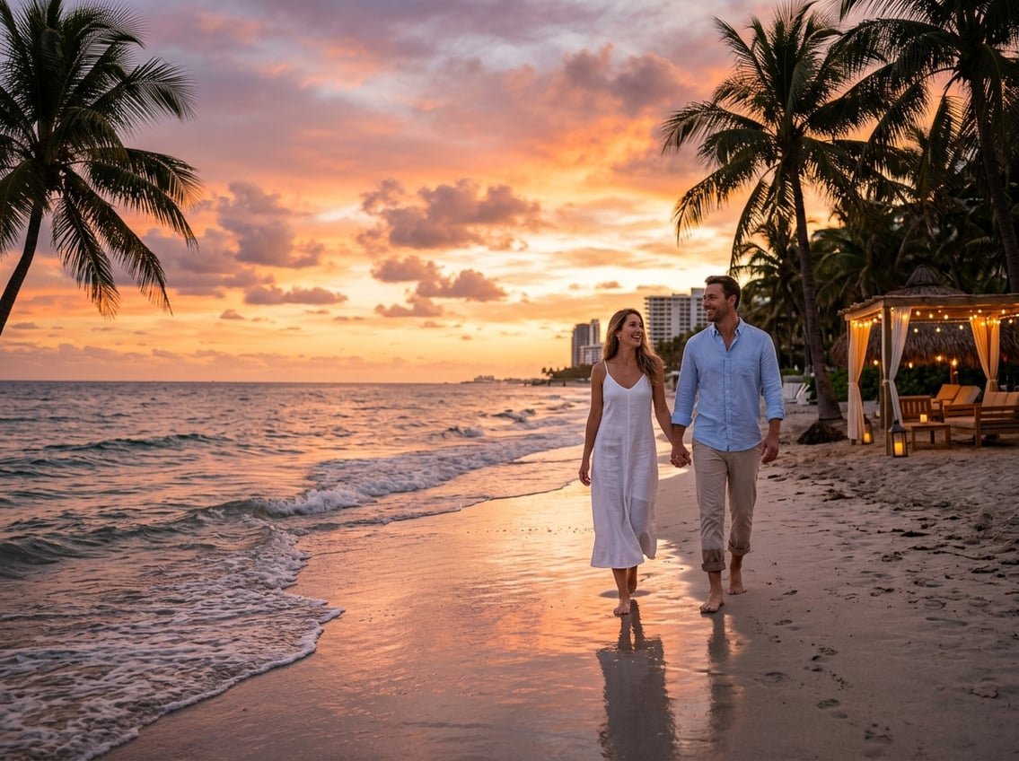 A couple walking hand in hand along a Miami beach at sunset with palm trees and a beachside cabana in the background.