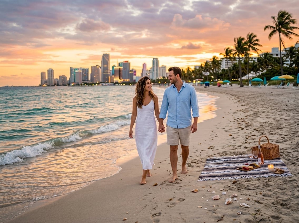 A couple holding hands and walking along a Miami beach at sunset with palm trees and city skyline in the background.