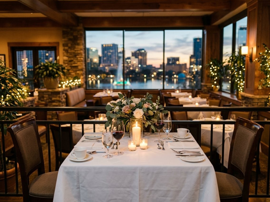 A romantic restaurant table set for two with candles, flowers, and city lights visible through large windows at dusk.