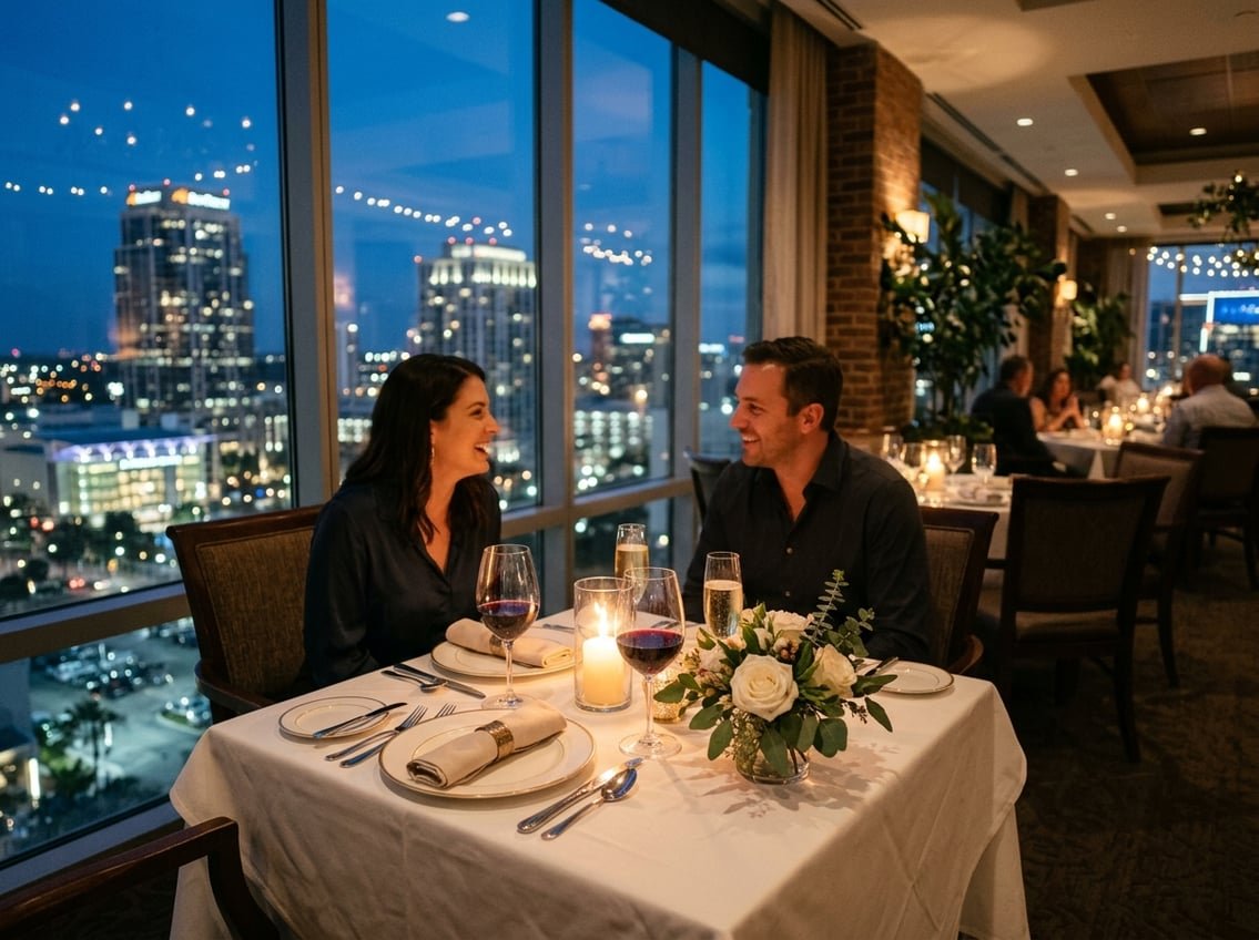 A table set for two with candles and wine glasses in a romantic restaurant with city lights visible through windows.