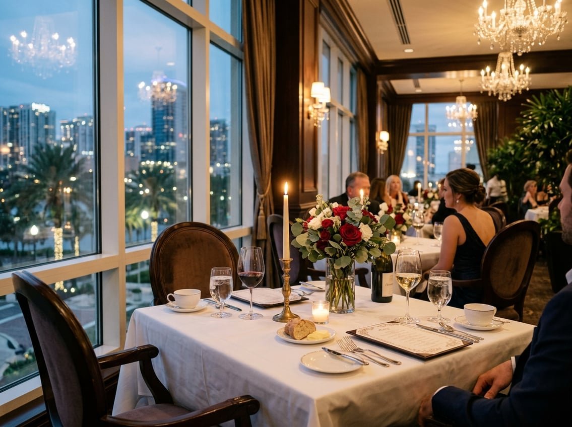 A romantic dining table set for two with candles and elegant tableware in a softly lit restaurant with city lights visible through windows.