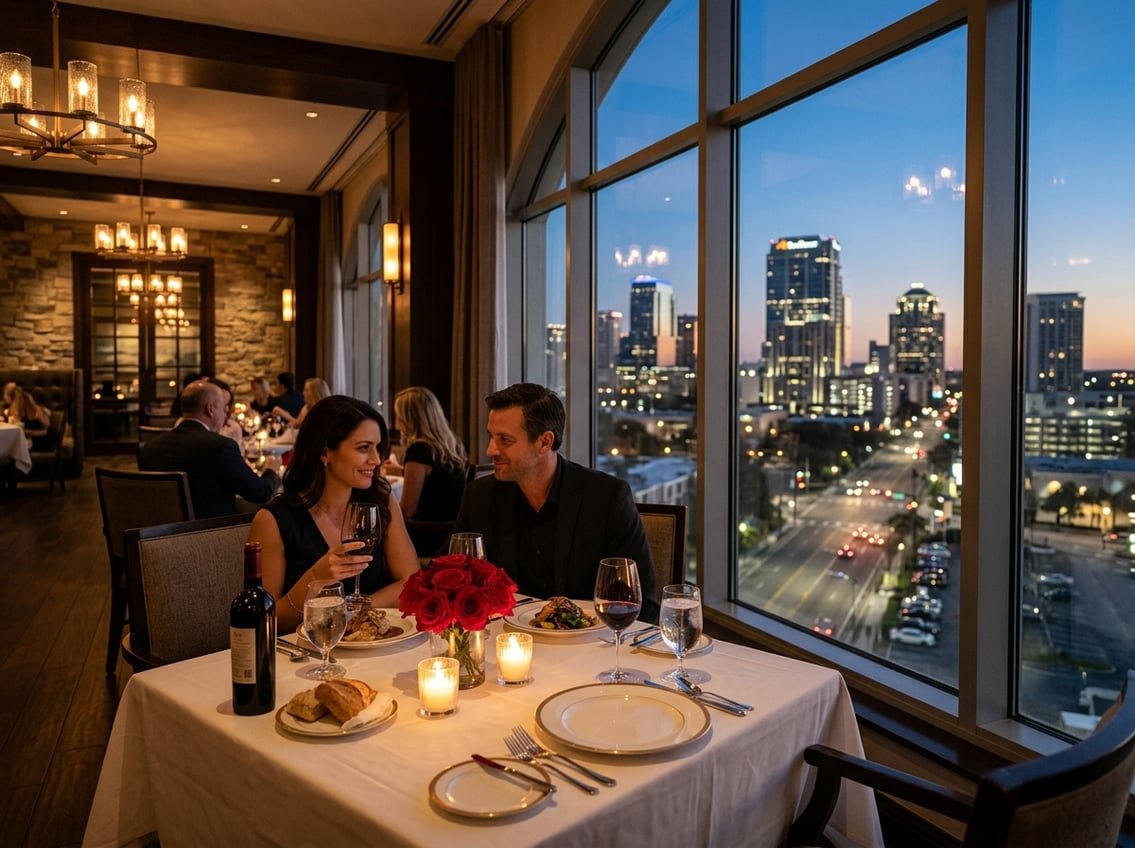 A dining table for two set near a window overlooking a city at dusk, with candles and flowers on the table creating a romantic atmosphere.