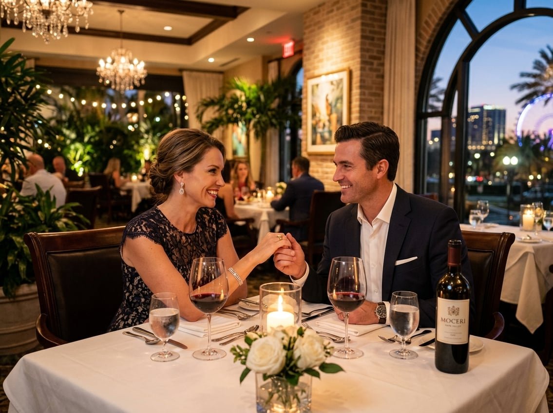 A couple enjoying an intimate dinner at a beautifully set table in an elegant restaurant.