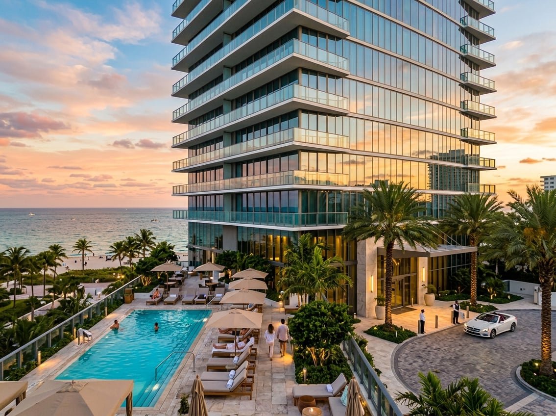 A modern Miami hotel with palm trees, an outdoor pool, and a sunset sky in the background.