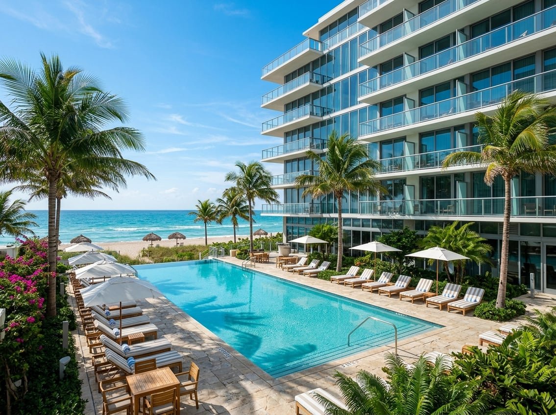 A modern beachfront hotel in Miami with palm trees, a pool area, and the ocean in the background on a sunny day.