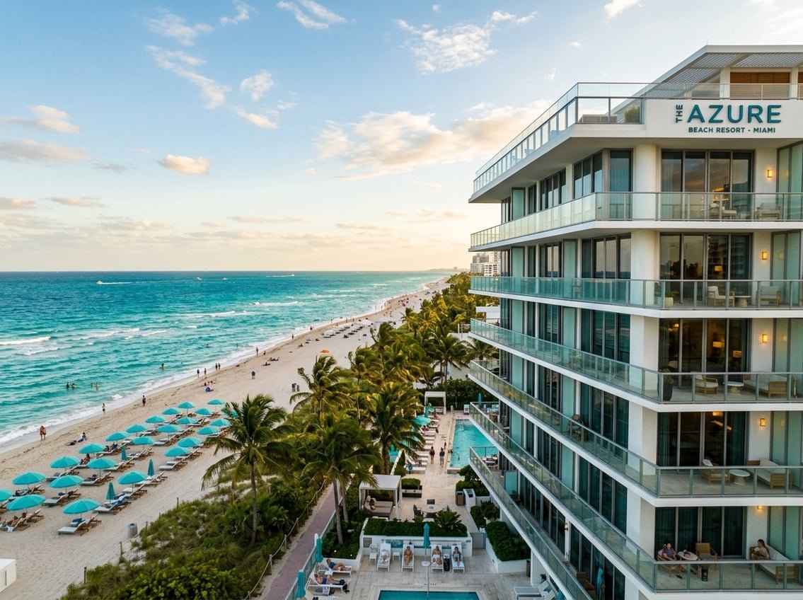 A beachfront hotel in Miami overlooking a sandy beach and turquoise ocean with palm trees and lounge chairs under a blue sky.