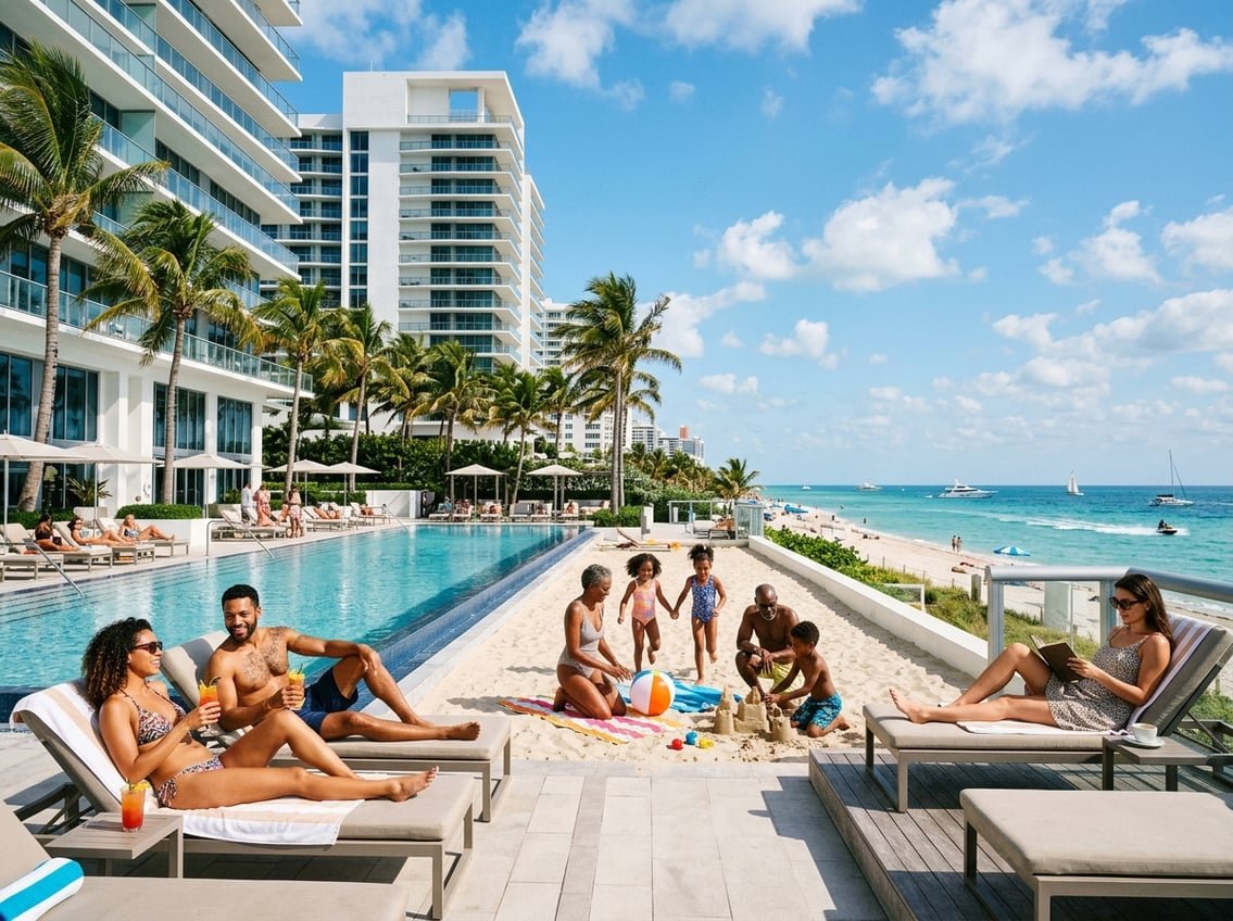 A modern beachfront hotel in Miami with palm trees, an infinity pool, people relaxing by the pool and on the beach, and the ocean in the background.