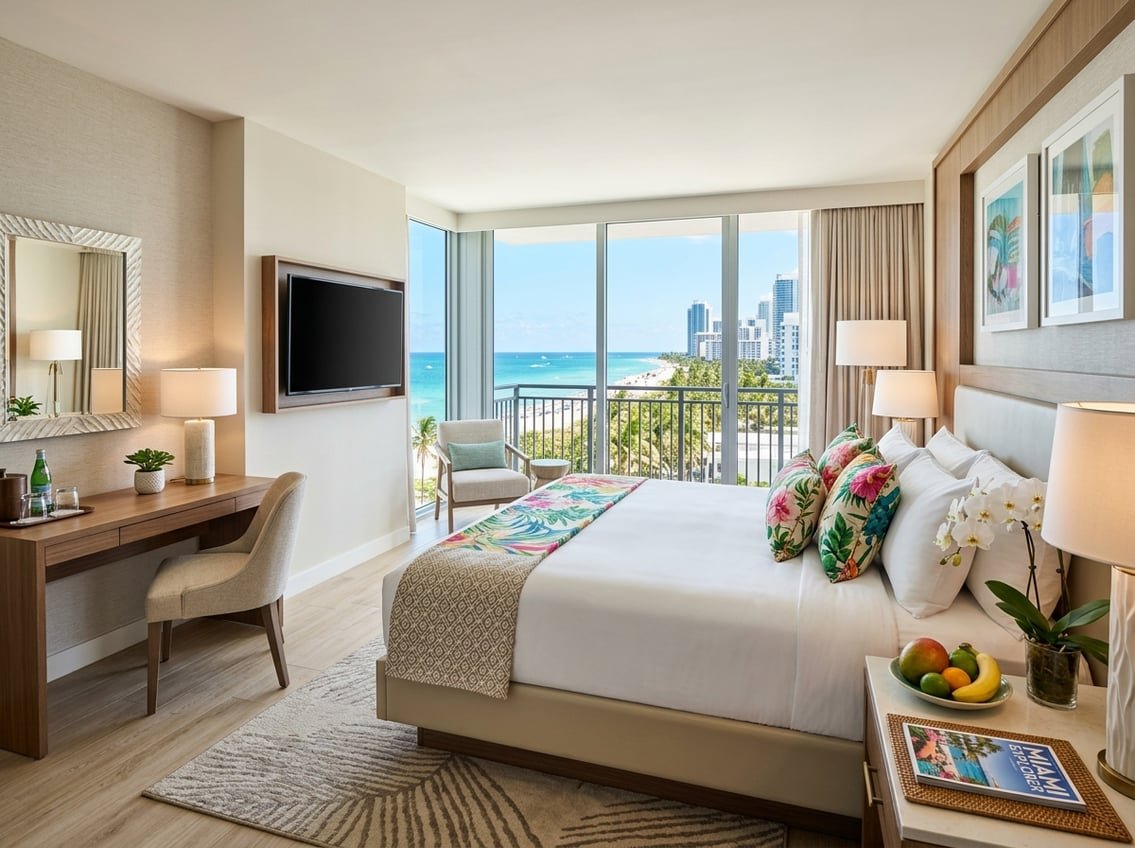 A modern hotel room with a king-sized bed, large windows showing Miami skyline and palm trees, and stylish furniture.