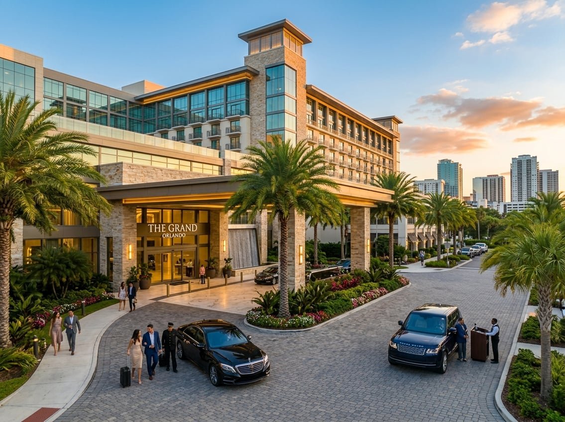 Exterior view of a luxurious hotel in Orlando with palm trees, a grand entrance, and guests arriving in luxury cars.