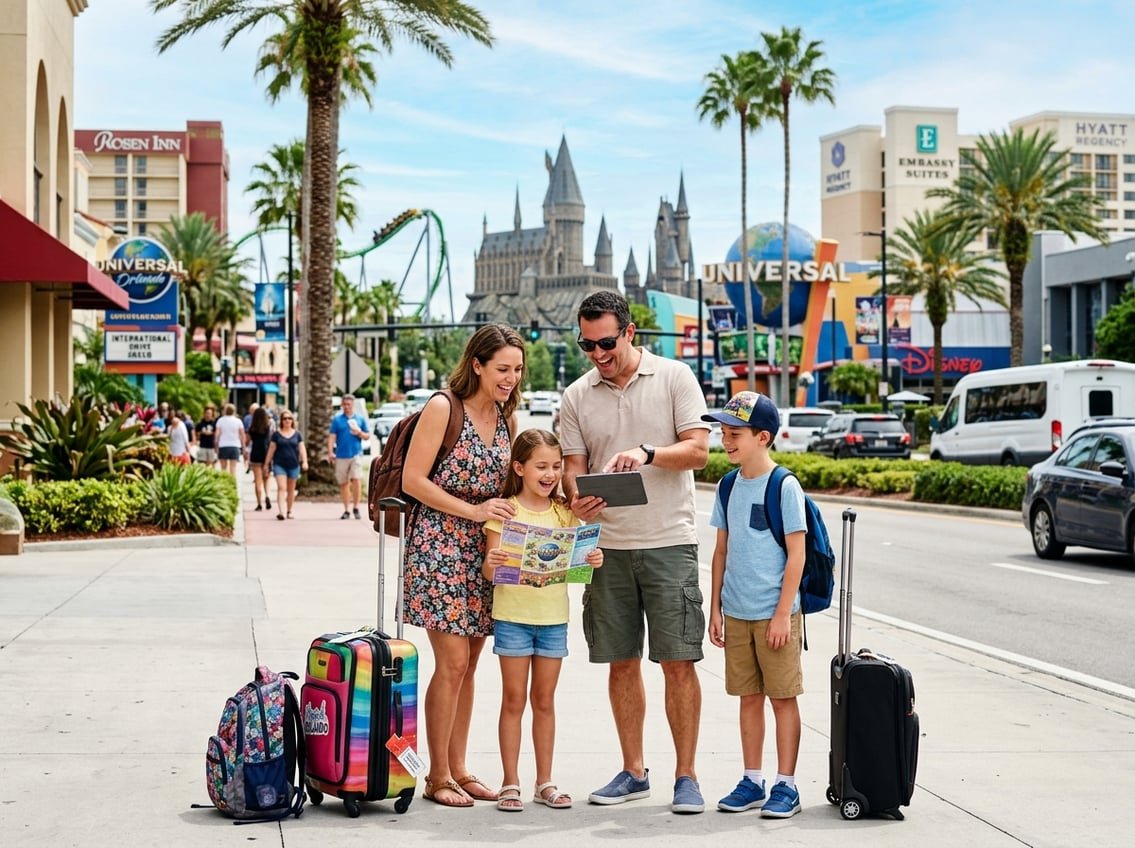A group of travelers with luggage standing in a sunny Orlando city area with hotels and palm trees in the background.