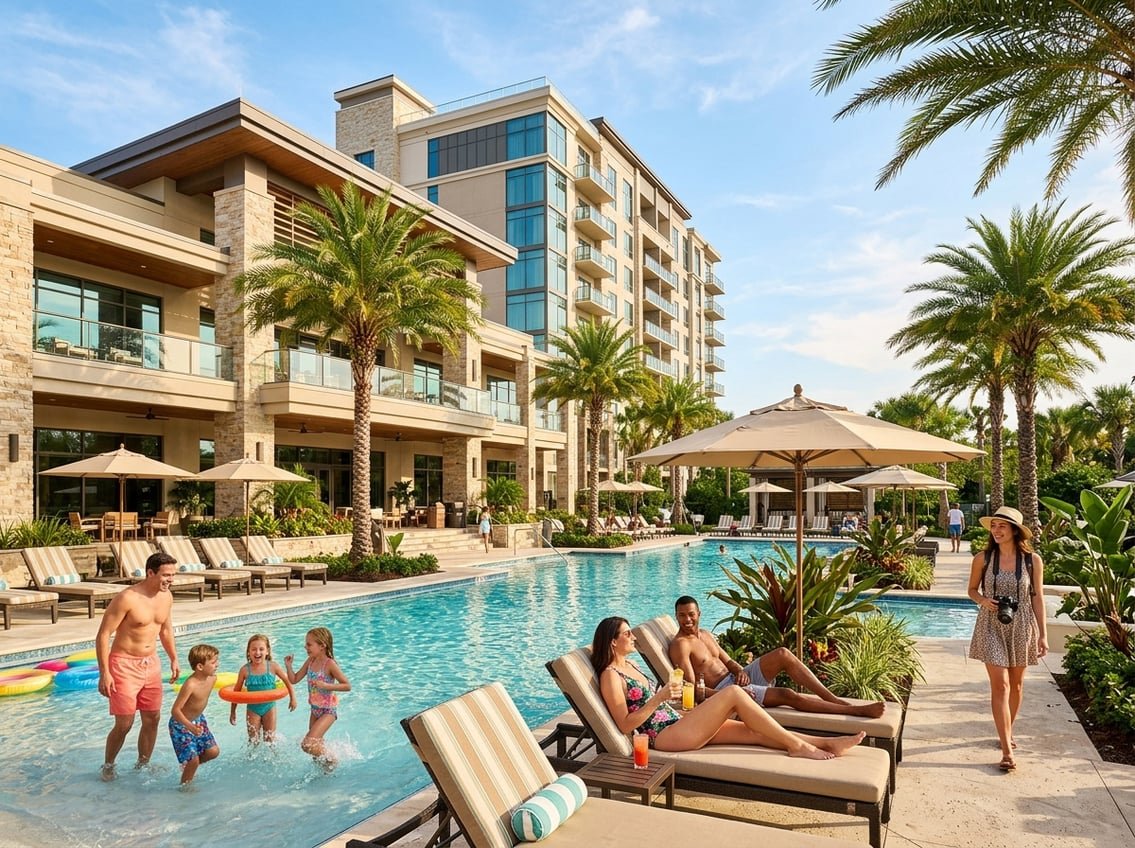 A modern hotel in Orlando with palm trees, a swimming pool, and diverse travelers enjoying the outdoor area on a sunny day.