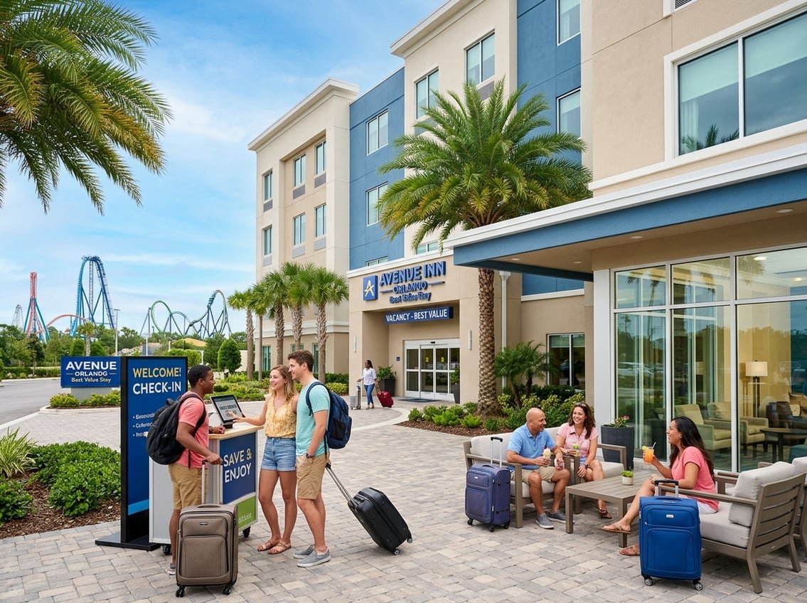 A modern hotel entrance with travelers and palm trees under a clear blue sky, with theme park structures visible in the background.